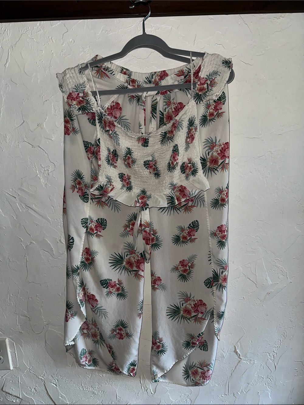 White Floral Smocked Jumpsuit with Pink & Green Print